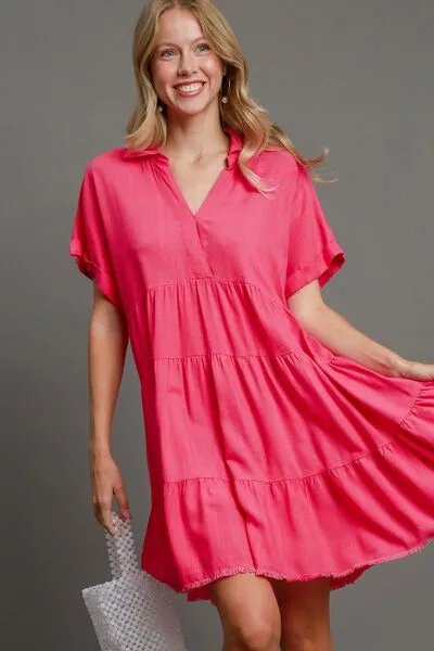 Umgee Full Size Raw Hem Folded Sleeve Tiered Dress Plus Size