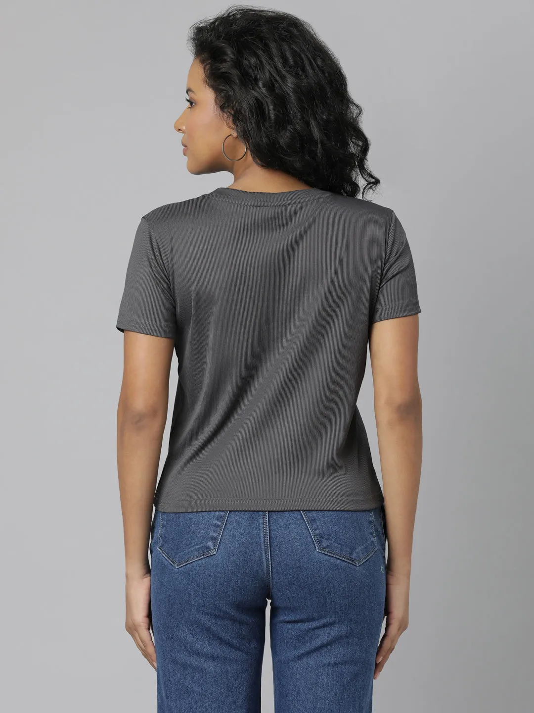 Women Grey Fit Typography T Shirt