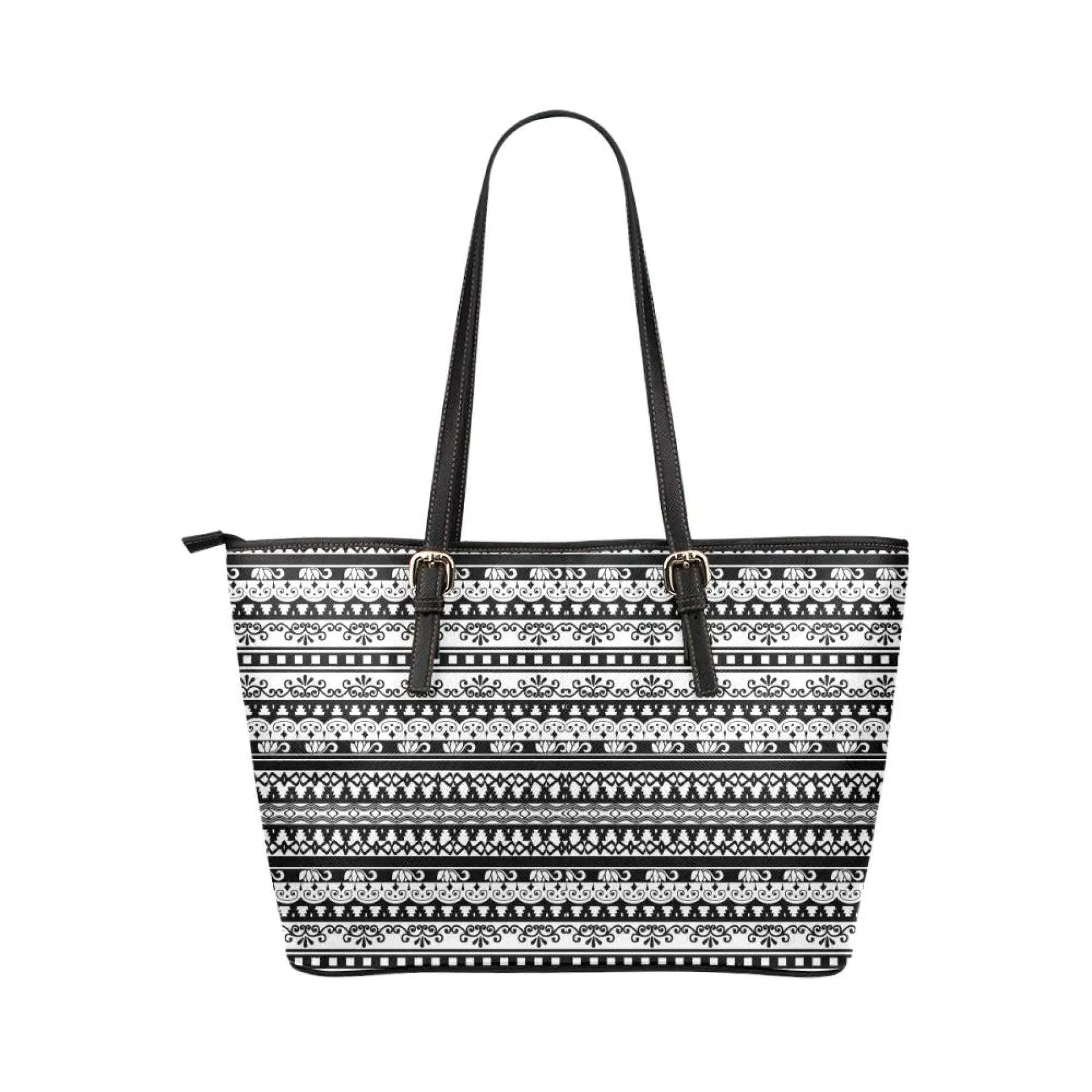 Women's Leather Tote Bag, Black & White Vintage Double Handle Handbag by inQue.Style