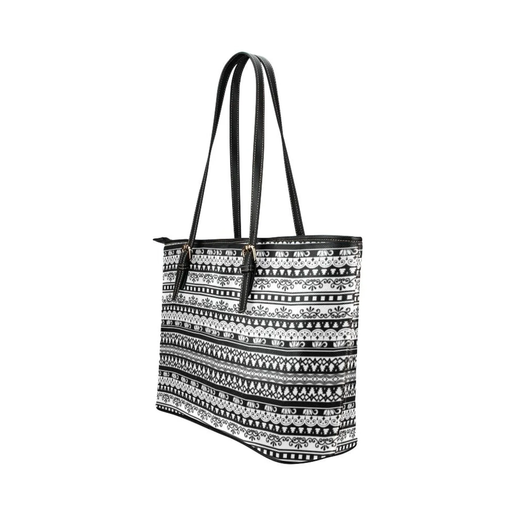 Women's Leather Tote Bag, Black & White Vintage Double Handle Handbag by inQue.Style