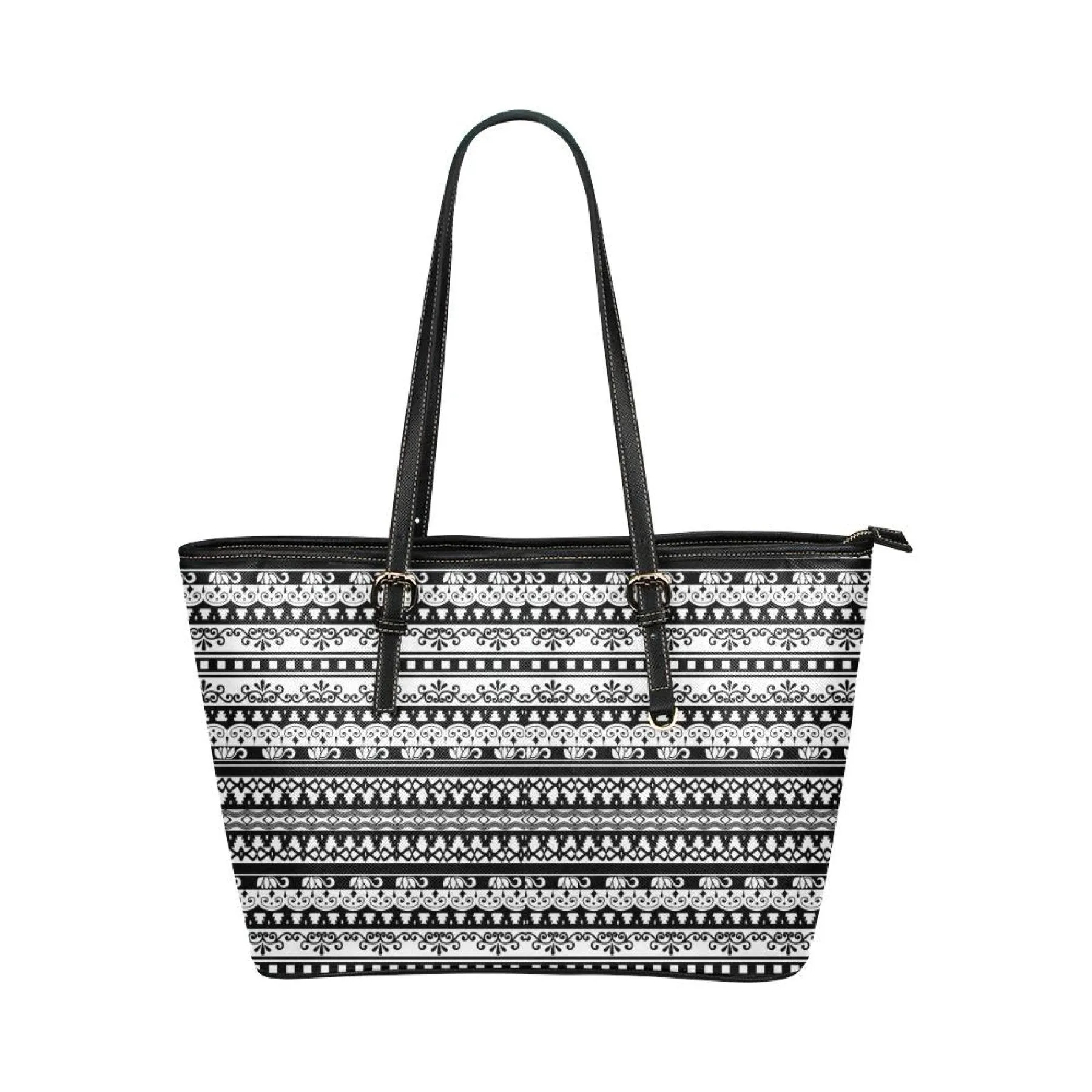Women's Leather Tote Bag, Black & White Vintage Double Handle Handbag by inQue.Style