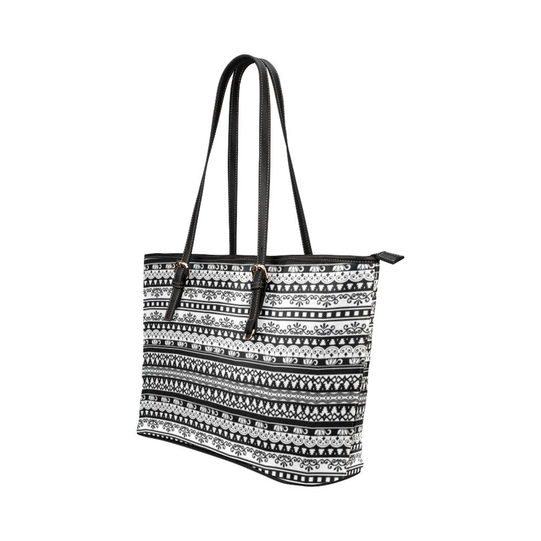 Women's Leather Tote Bag, Black & White Vintage Double Handle Handbag by inQue.Style