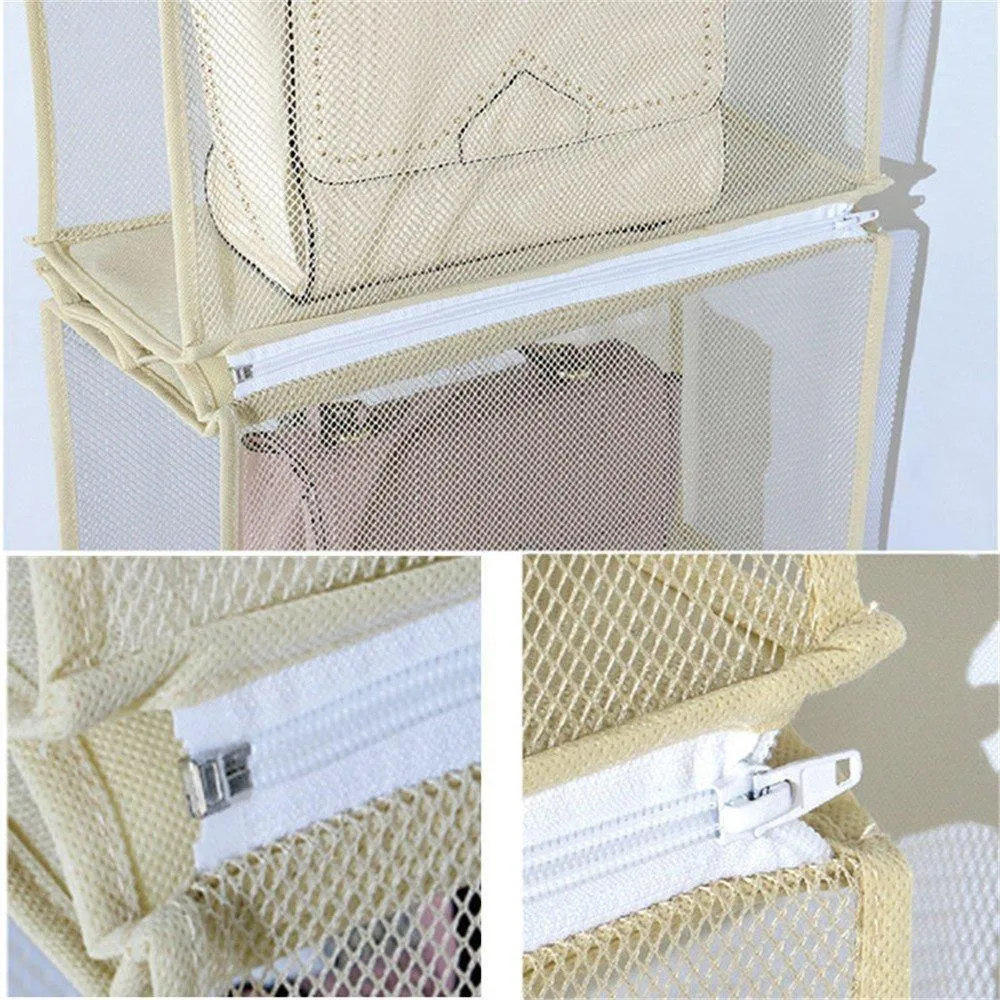 ZARO 2 In 1 Hanging Shelf Garment Organizer for Bags Clothes, 4 Shelves Practical Closet Purse Storage Collapsible Space Saver Accessory Breathable Mesh Net with Hooks Hanger Easy Mount-Gray