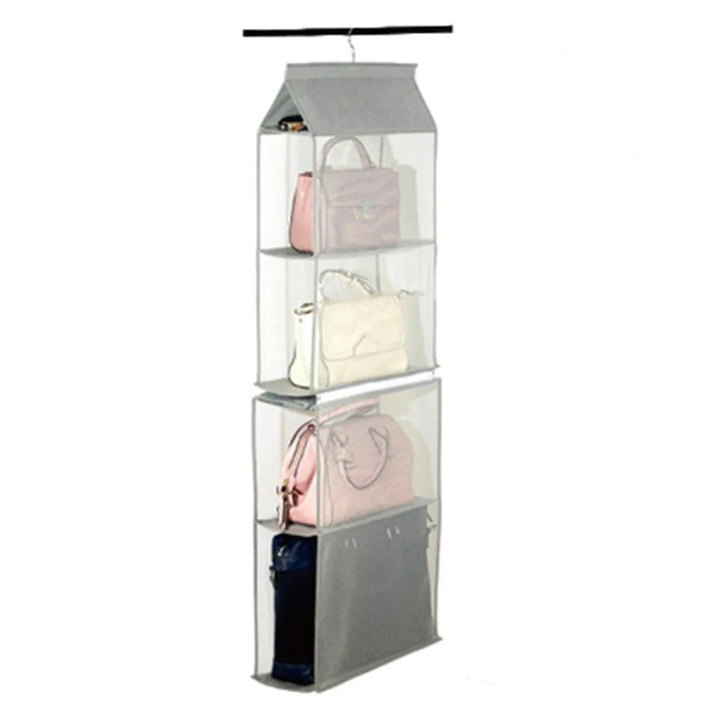 ZARO 2 In 1 Hanging Shelf Garment Organizer for Bags Clothes, 4 Shelves Practical Closet Purse Storage Collapsible Space Saver Accessory Breathable Mesh Net with Hooks Hanger Easy Mount-Gray